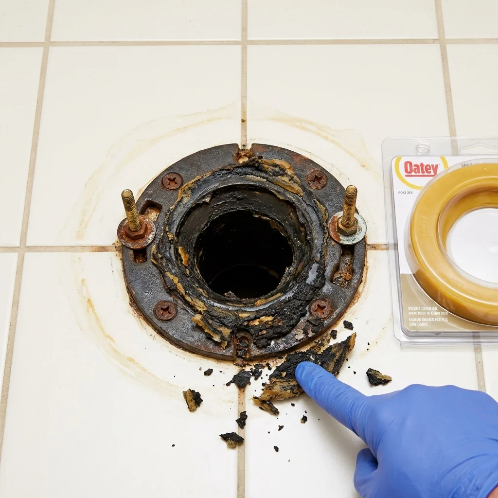 Failed wax ring showing water seepage at the base of a toilet in a Paragould, AR home